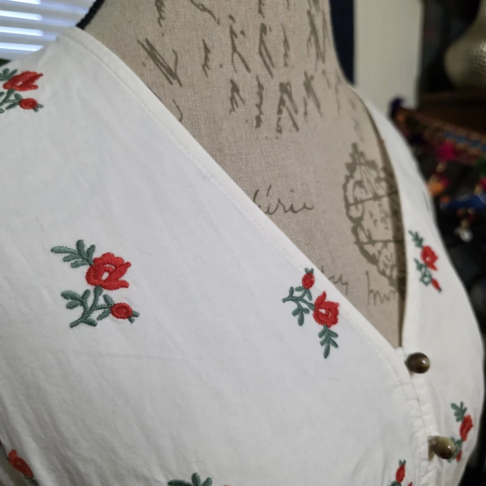 Anthropologie Maeve Embroidered White Floral Wrap Blouse with Red Rose